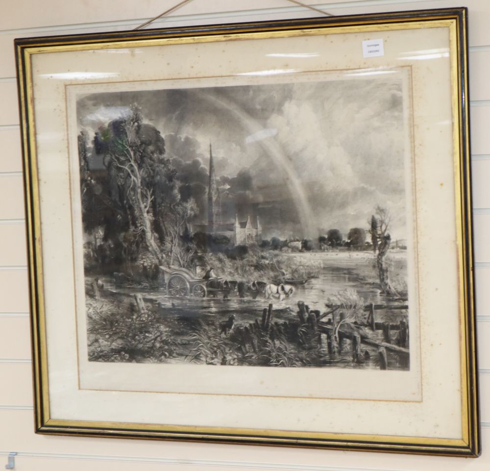 David Lucas After John Constable, mezzotint, Salisbury Cathedral from the Meadows, published 1855, 55 x 69cm